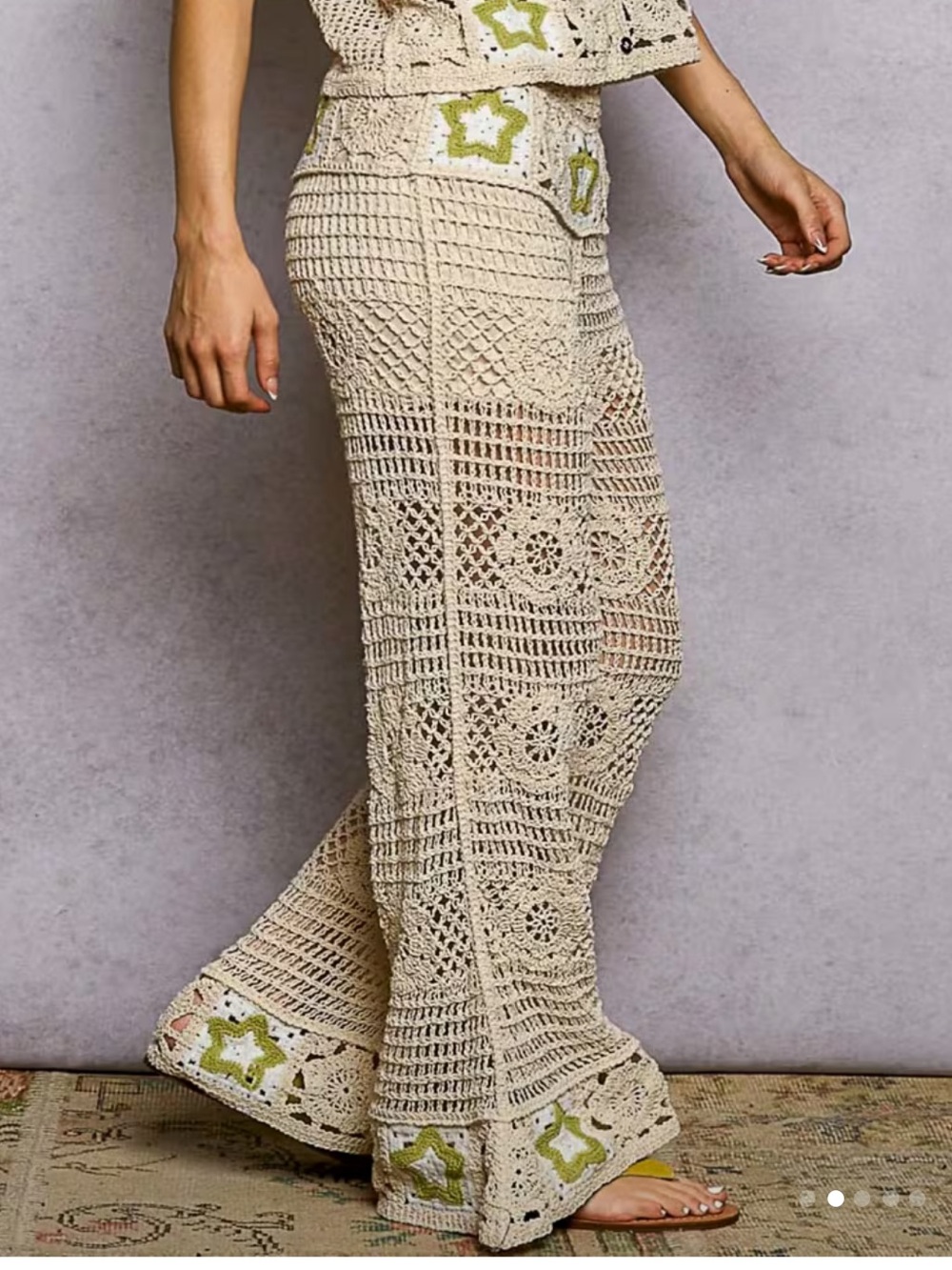 POL Cream Crochet Wide-Leg Pants with Green Star Accents - Picture 2 of 8